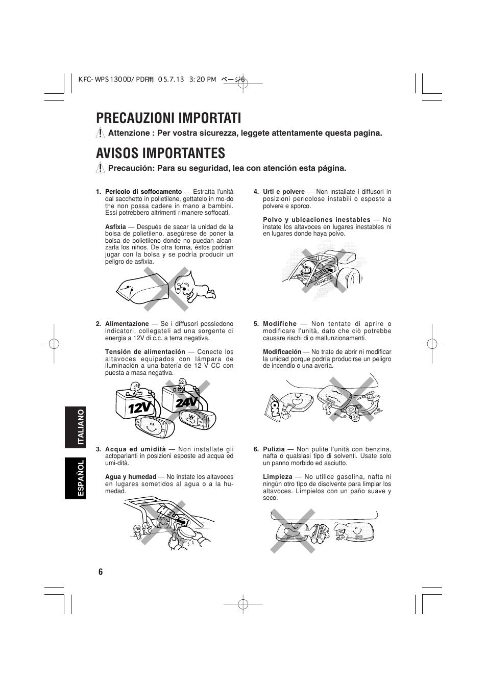 Precauzioni importati, Avisos importantes | Kenwood KFC-WPS1300D User Manual | Page 6 / 40