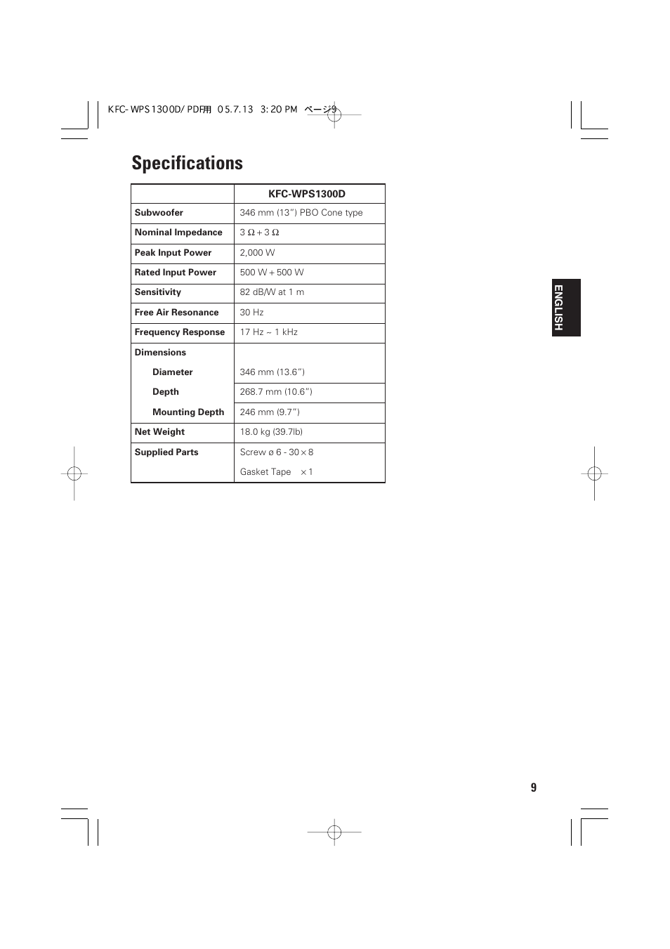 Specifications | Kenwood KFC-WPS1300D User Manual | Page 9 / 40