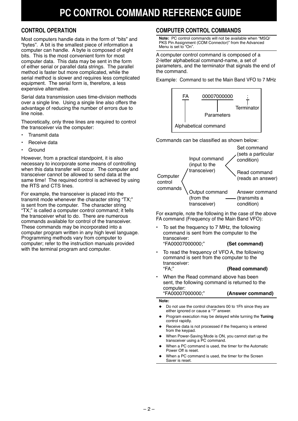 Pc control command reference guide, Control operation, Computer control commands | Kenwood TS-990S User Manual | Page 3 / 62