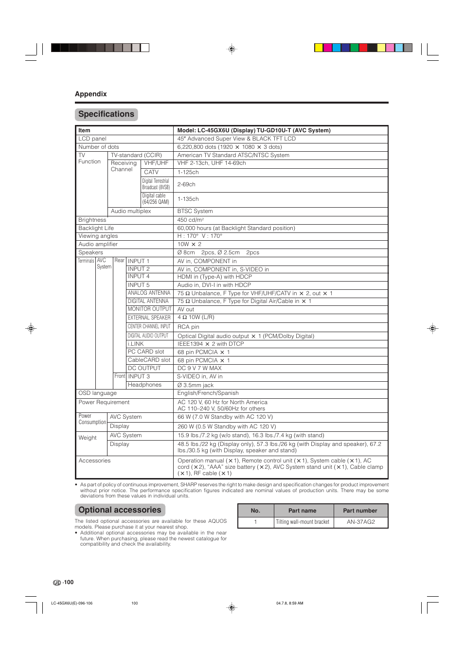Specifications, Optional accessories | AVC Technology LC-45GX6U User Manual | Page 101 / 106