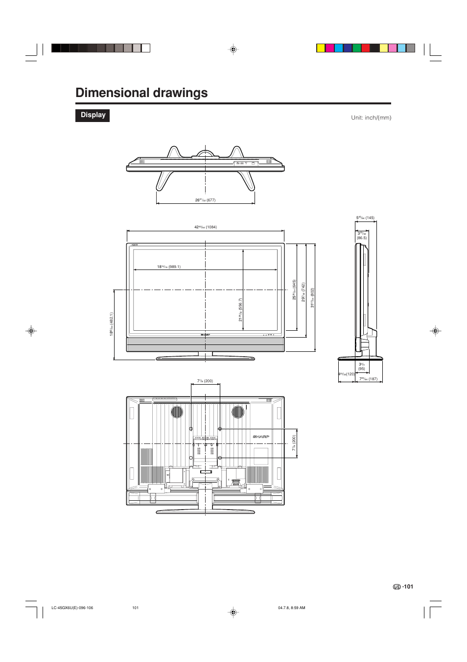 Dimensional drawings, Display, Unit: inch/(mm) | AVC Technology LC-45GX6U User Manual | Page 102 / 106