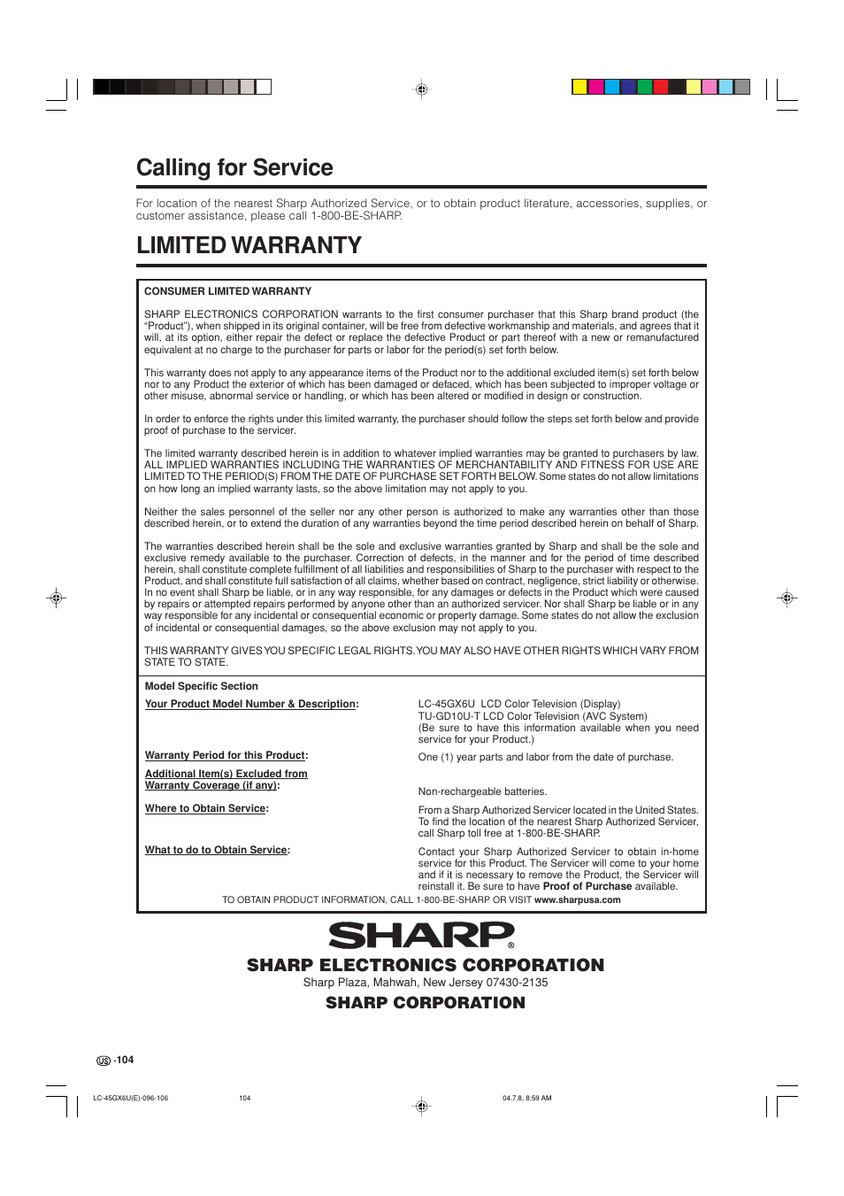 Calling for service, Limited warranty, Sharp electronics corporation | Sharp corporation | AVC Technology LC-45GX6U User Manual | Page 105 / 106