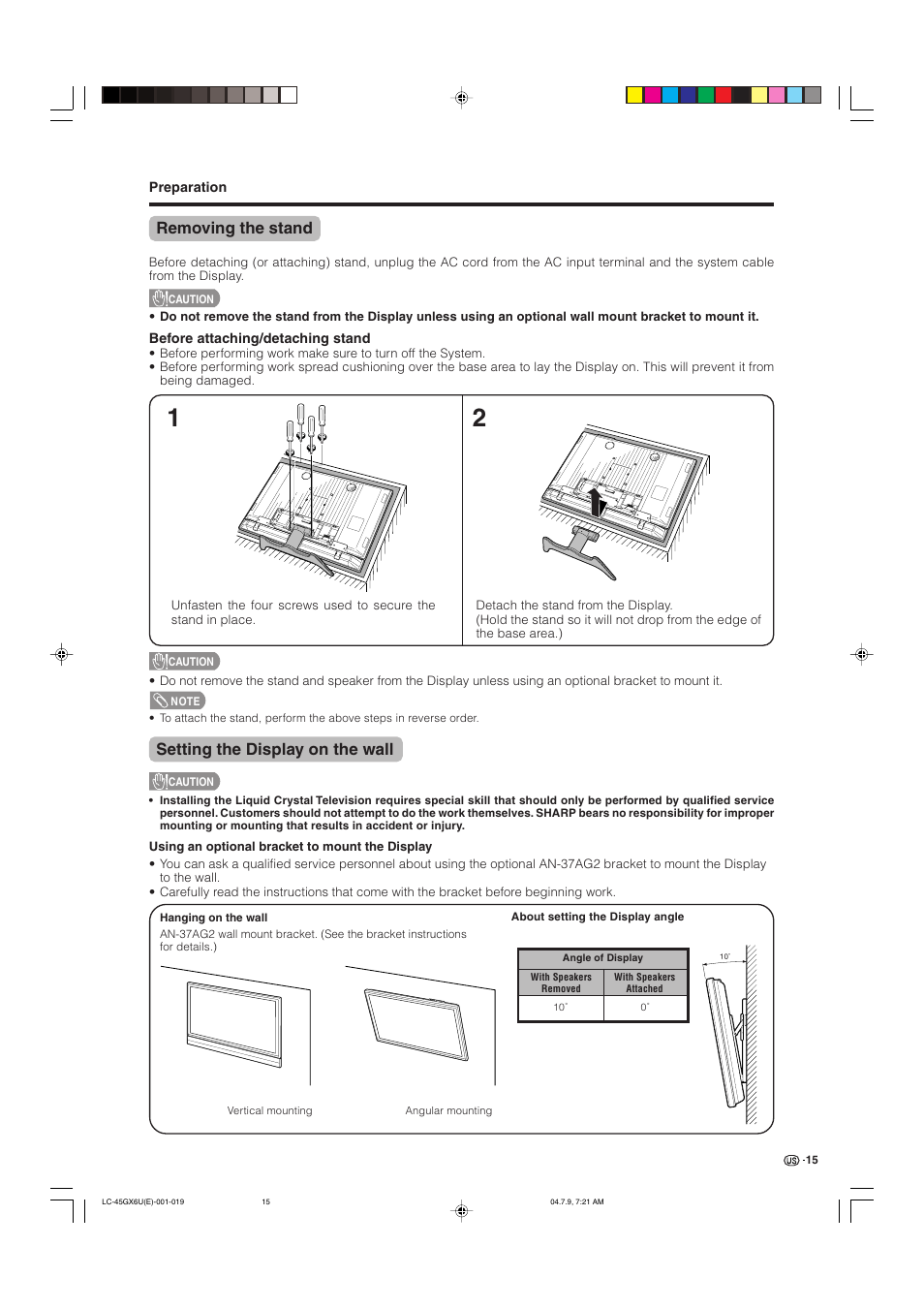 Removing the stand, Setting the display on the wall | AVC Technology LC-45GX6U User Manual | Page 16 / 106