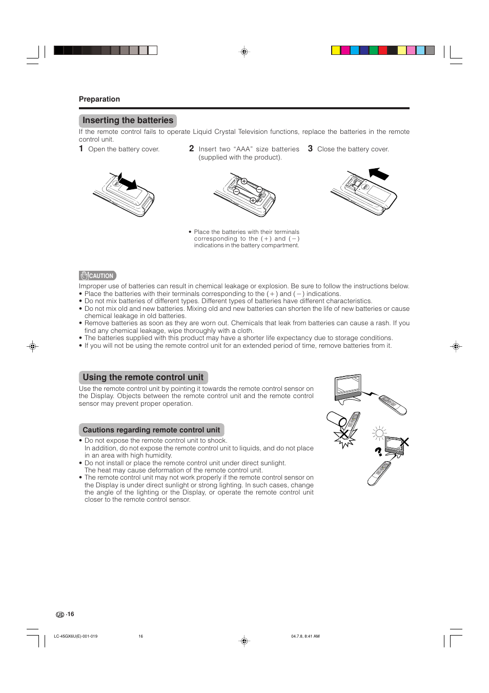 Inserting the batteries, Using the remote control unit | AVC Technology LC-45GX6U User Manual | Page 17 / 106