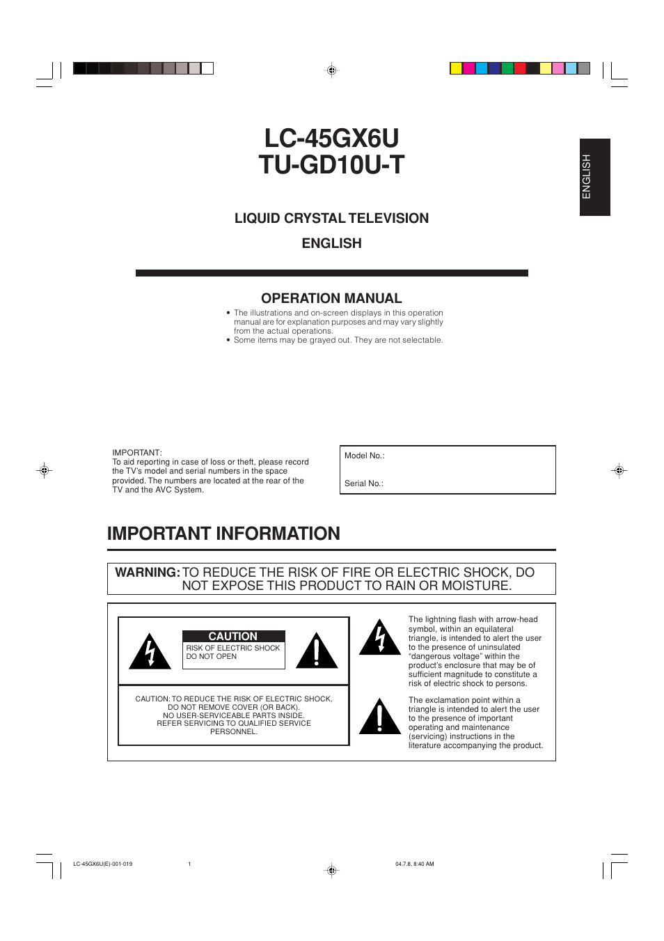 Important information, Liquid crystal television english operation manual | AVC Technology LC-45GX6U User Manual | Page 2 / 106