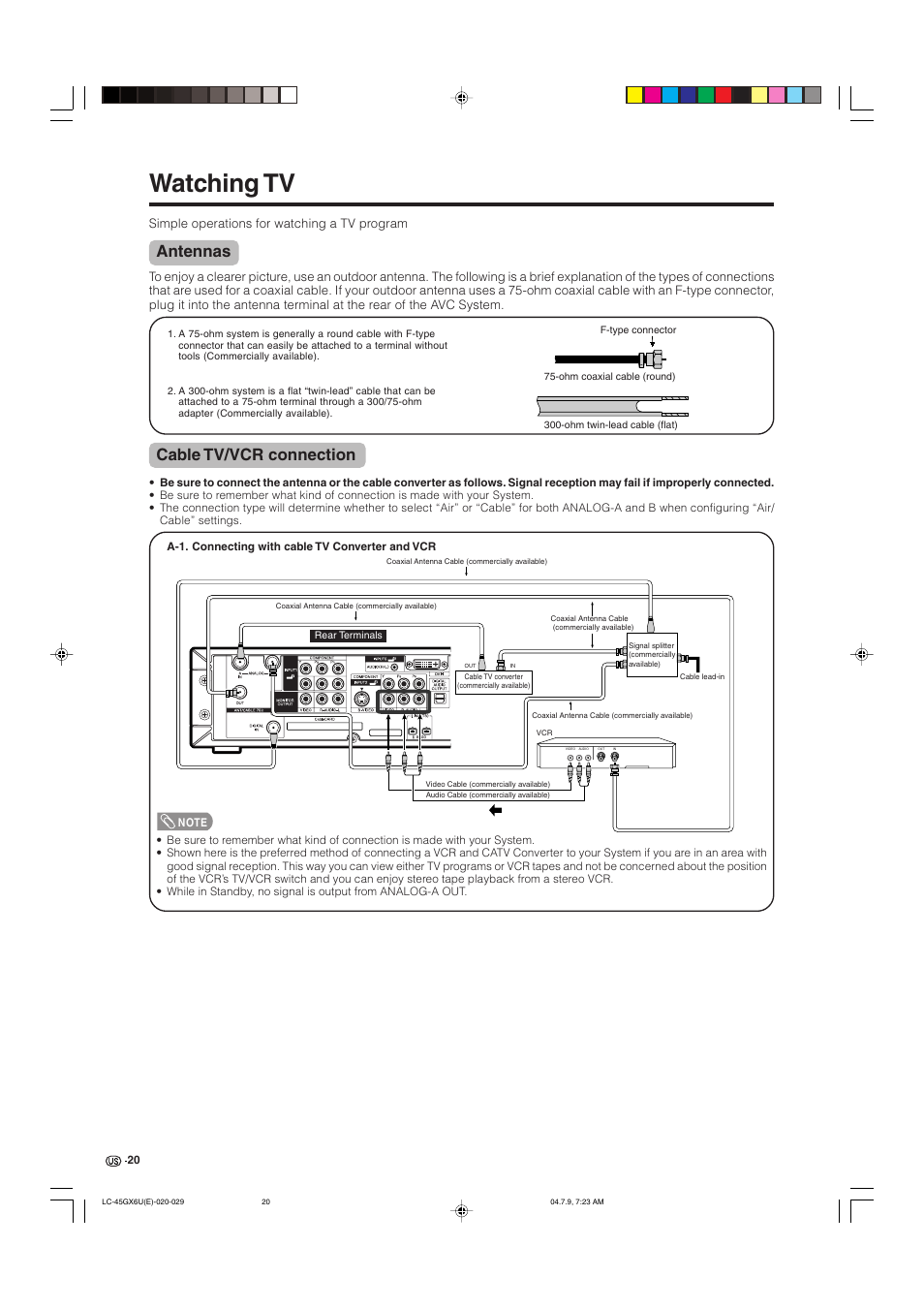 Watching tv, Antennas, Cable tv/vcr connection | Simple operations for watching a tv program | AVC Technology LC-45GX6U User Manual | Page 21 / 106