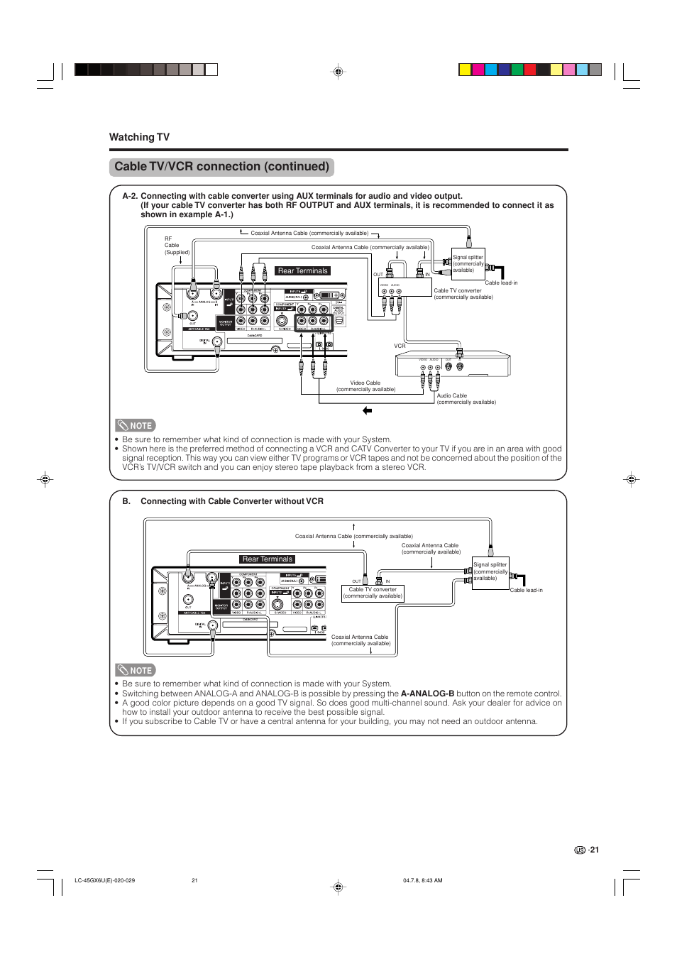 Cable tv/vcr connection (continued), Watching tv | AVC Technology LC-45GX6U User Manual | Page 22 / 106