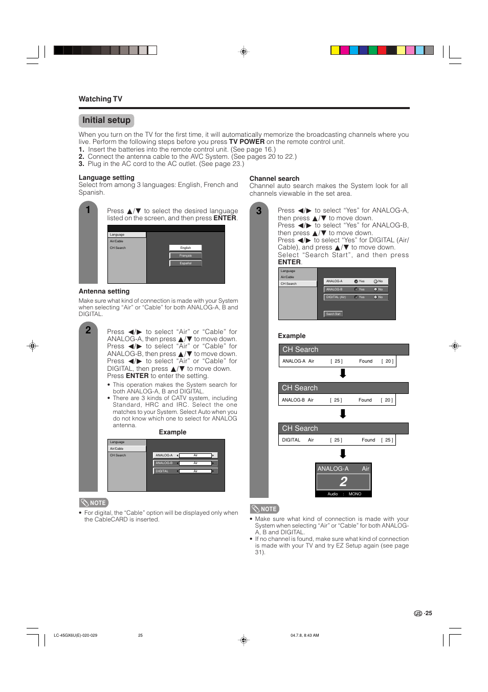 Initial setup, Watching tv, Ch search | AVC Technology LC-45GX6U User Manual | Page 26 / 106