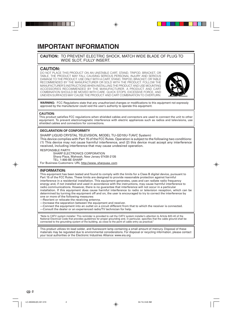 Important information, Caution | AVC Technology LC-45GX6U User Manual | Page 3 / 106