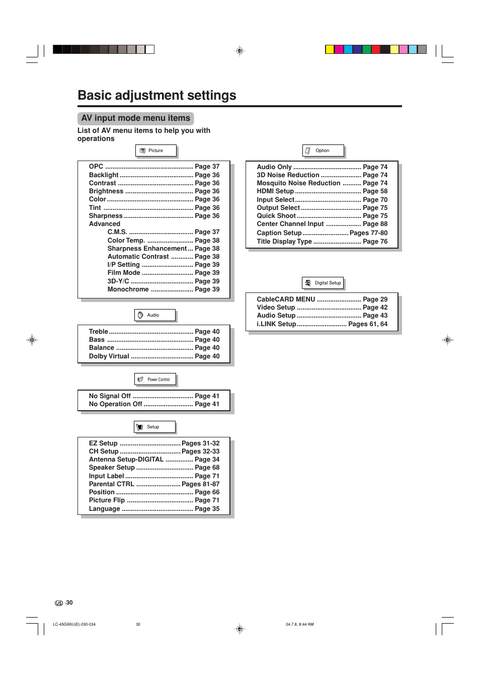 Basic adjustment settings, Av input mode menu items | AVC Technology LC-45GX6U User Manual | Page 31 / 106