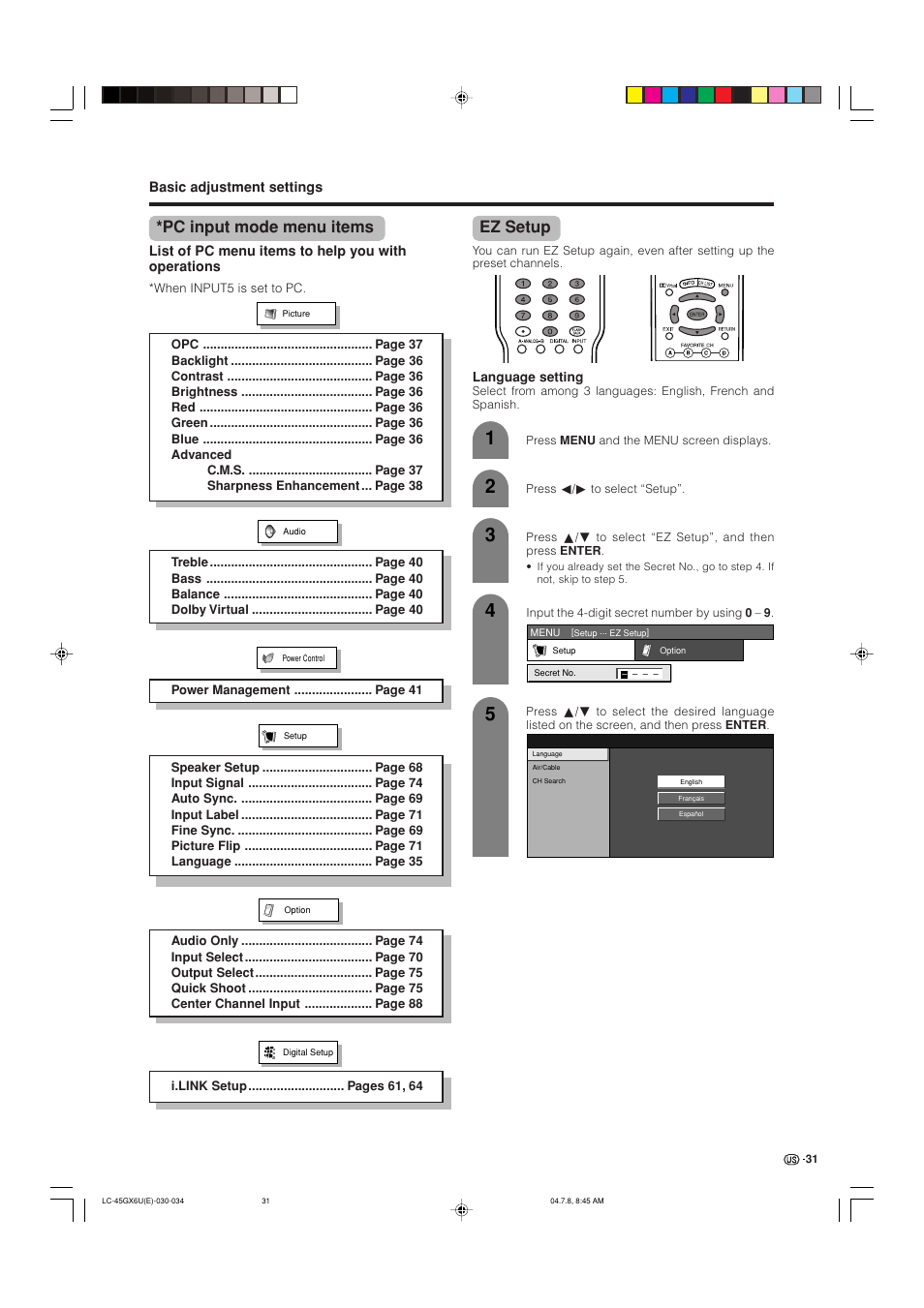 Ez setup, Pc input mode menu items | AVC Technology LC-45GX6U User Manual | Page 32 / 106