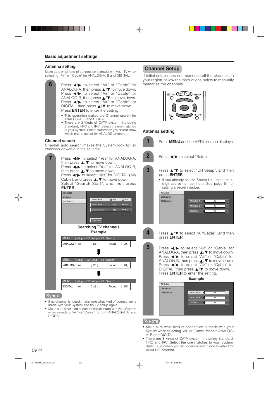 Channel setup, Basic adjustment settings, Antenna setting | AVC Technology LC-45GX6U User Manual | Page 33 / 106