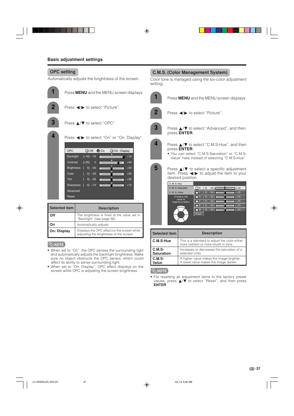 Opc setting, Basic adjustment settings, C.m.s. (color management system) | AVC Technology LC-45GX6U User Manual | Page 38 / 106