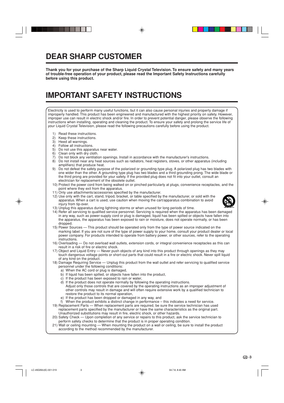 Dear sharp customer, Important safety instructions | AVC Technology LC-45GX6U User Manual | Page 4 / 106