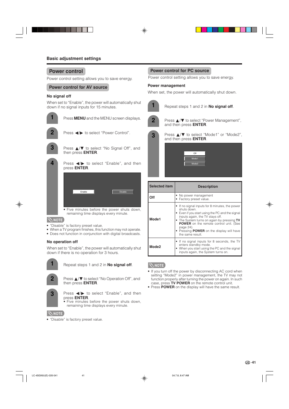 Power control | AVC Technology LC-45GX6U User Manual | Page 42 / 106