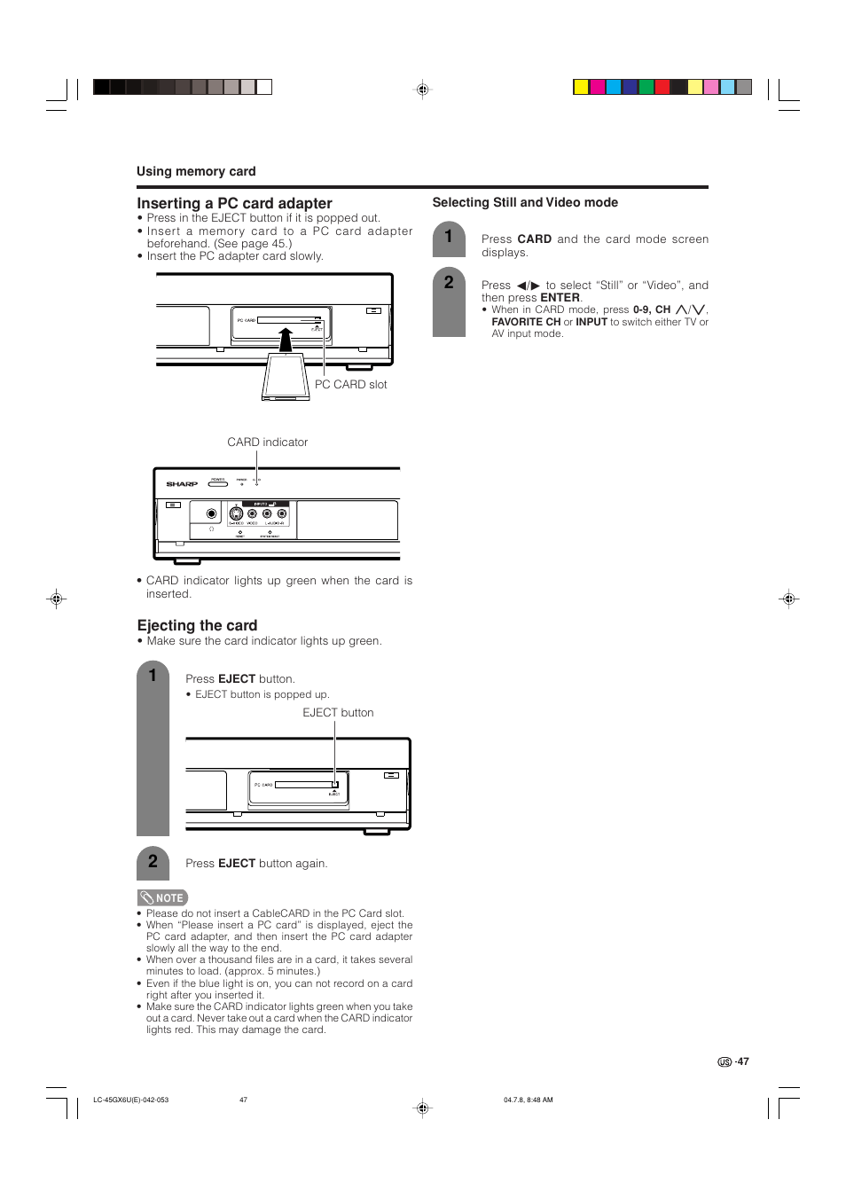 Inserting a pc card adapter, Ejecting the card | AVC Technology LC-45GX6U User Manual | Page 48 / 106