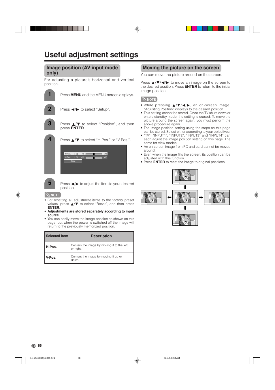 Useful adjustment settings, Image position (av input mode only), Moving the picture on the screen | AVC Technology LC-45GX6U User Manual | Page 67 / 106