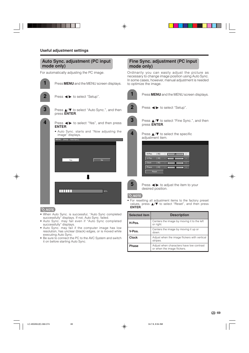 Auto sync. adjustment (pc input mode only), Fine sync. adjustment (pc input mode only) | AVC Technology LC-45GX6U User Manual | Page 70 / 106