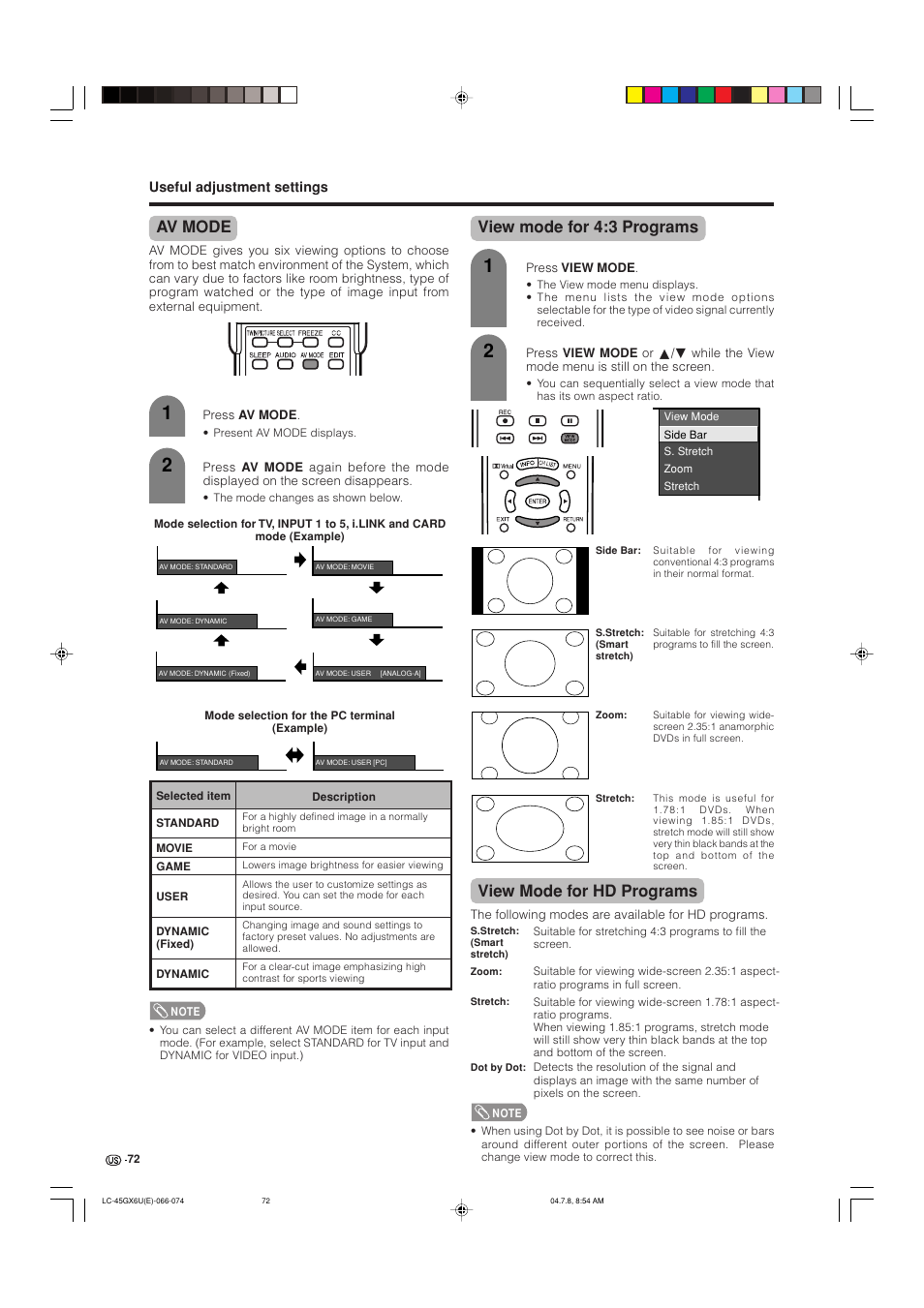 Av mode, View mode for 4:3 programs, View mode for hd programs | AVC Technology LC-45GX6U User Manual | Page 73 / 106