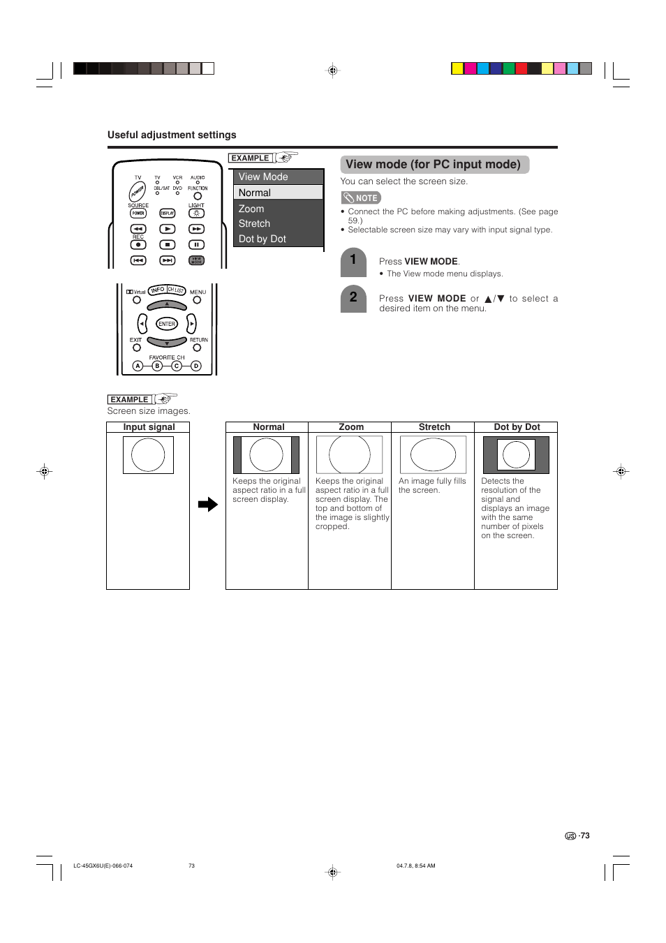 View mode (for pc input mode) | AVC Technology LC-45GX6U User Manual | Page 74 / 106