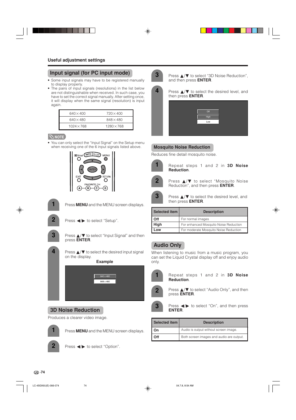 Input signal (for pc input mode), 3d noise reduction, Audio only | AVC Technology LC-45GX6U User Manual | Page 75 / 106