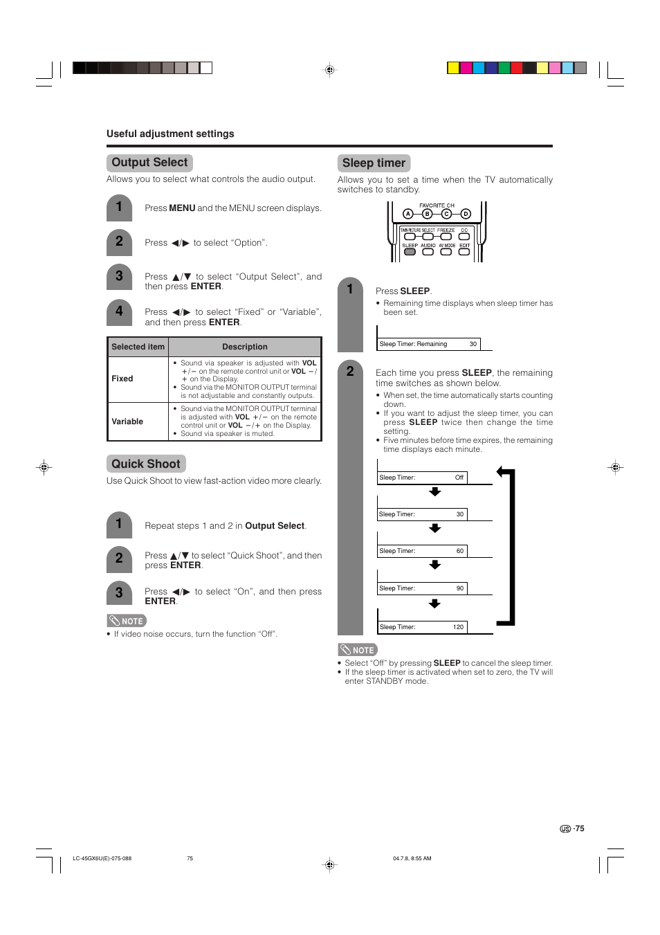 Output select, Quick shoot, Sleep timer | AVC Technology LC-45GX6U User Manual | Page 76 / 106