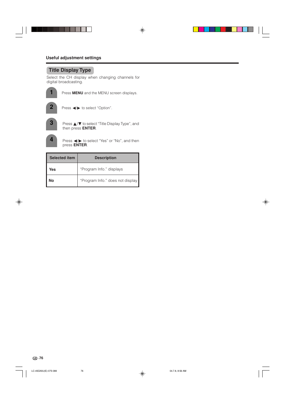 Title display type | AVC Technology LC-45GX6U User Manual | Page 77 / 106