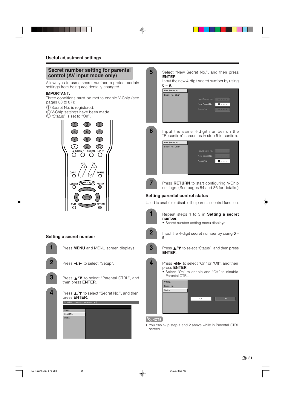 Useful adjustment settings, Setting parental control status, Setting a secret number | AVC Technology LC-45GX6U User Manual | Page 82 / 106