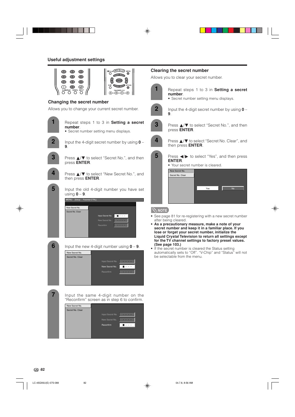 Clearing the secret number, Input the 4-digit secret number by using 0 – 9 | AVC Technology LC-45GX6U User Manual | Page 83 / 106