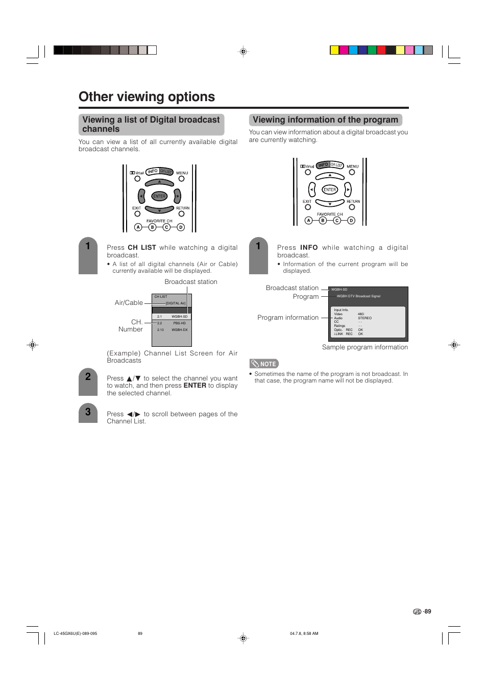 Other viewing options, Viewing a list of digital broadcast channels, Viewing information of the program | AVC Technology LC-45GX6U User Manual | Page 90 / 106