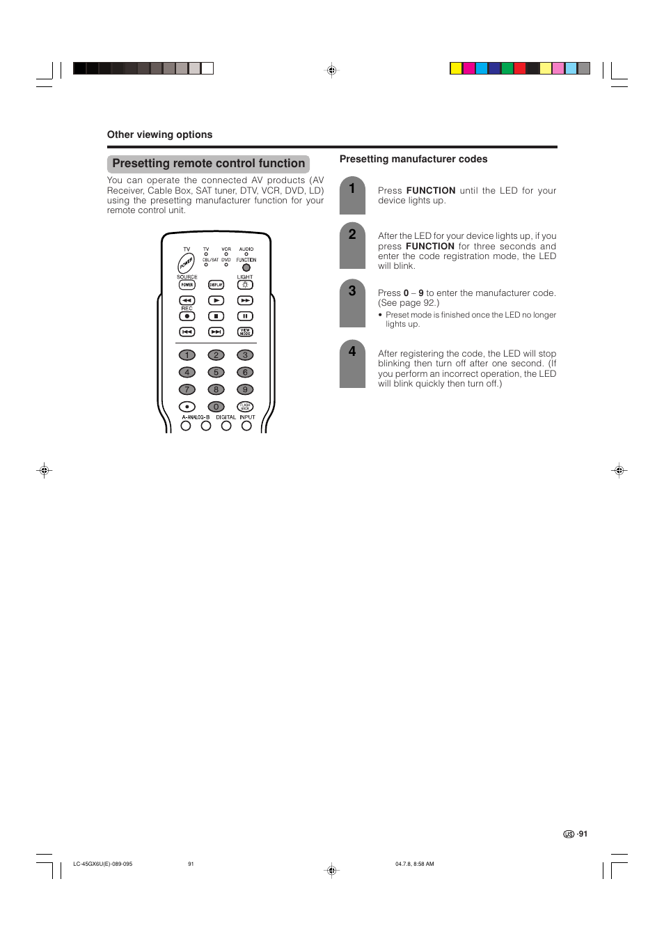 Presetting remote control function | AVC Technology LC-45GX6U User Manual | Page 92 / 106
