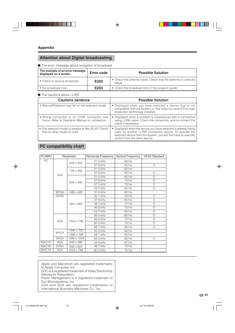 Pc compatibility chart, Attention about digital broadcasting | AVC Technology LC-45GX6U User Manual | Page 98 / 106