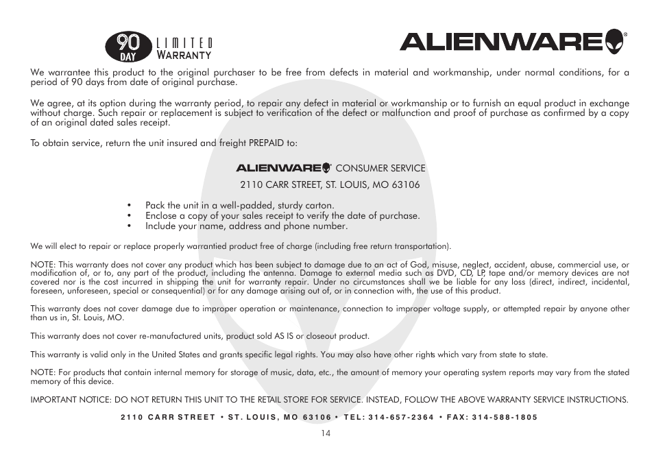 Warranty | Alienware A9090 User Manual | Page 14 / 16
