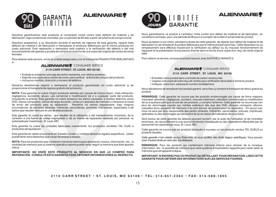 Garantia, Garantie | Alienware A9090 User Manual | Page 15 / 16