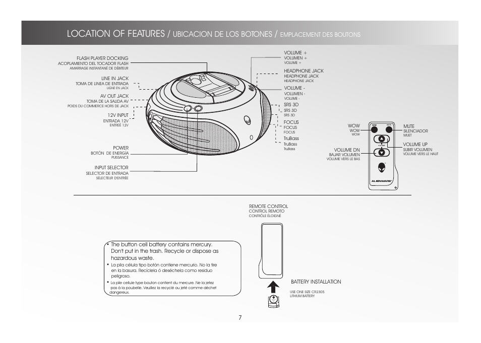 Location of features, Ubicacion de los botones, Emplacement des boutons | Alienware A9090 User Manual | Page 7 / 16