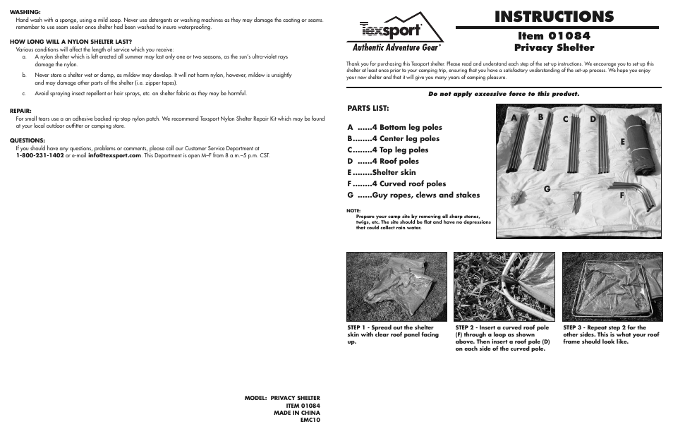 Texsport 01084 Privacy Shelter User Manual | 2 pages