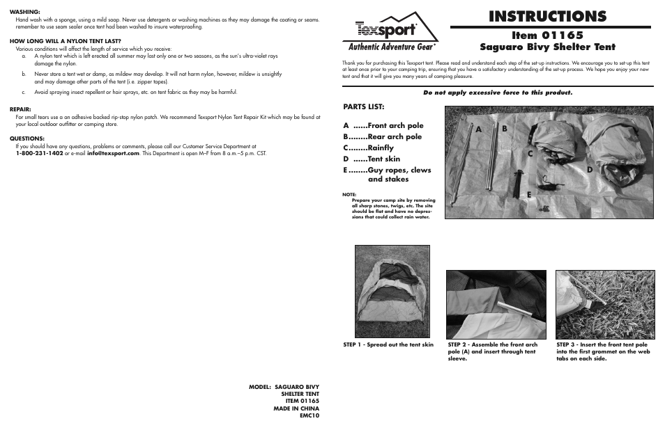 Texsport 01165 Saguaro Bivy Tent User Manual | 2 pages