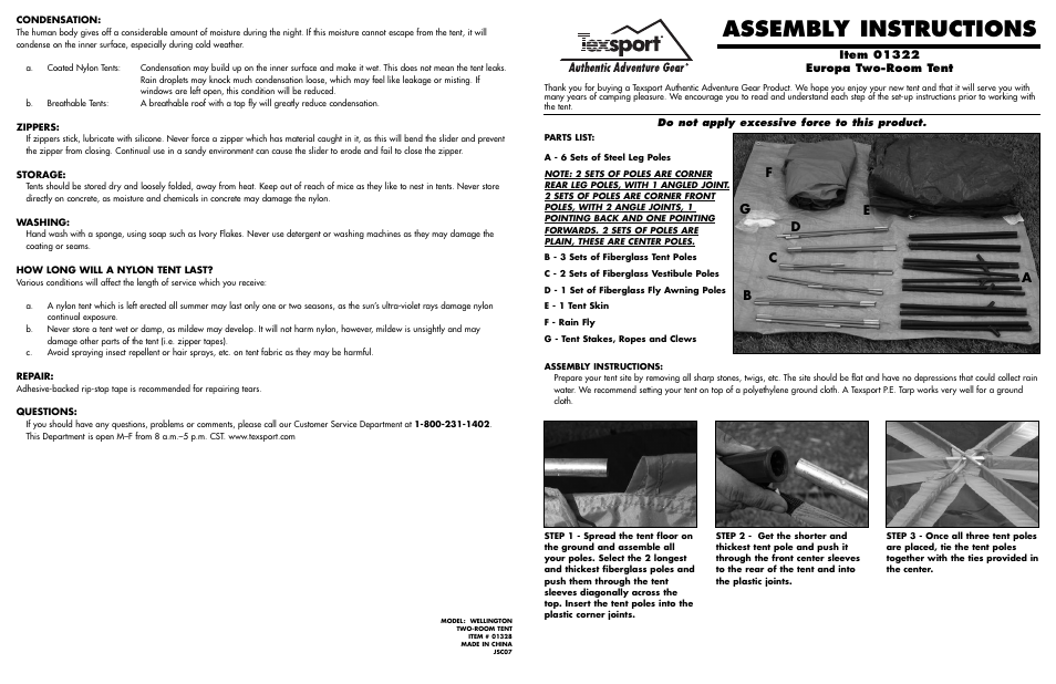 Texsport 01322 Europa Tent User Manual | 2 pages