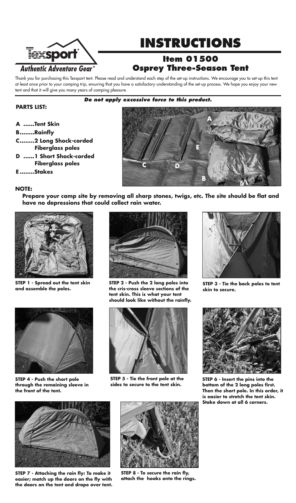 Texsport 01500 Ospry 3 Season Tent User Manual | 1 page