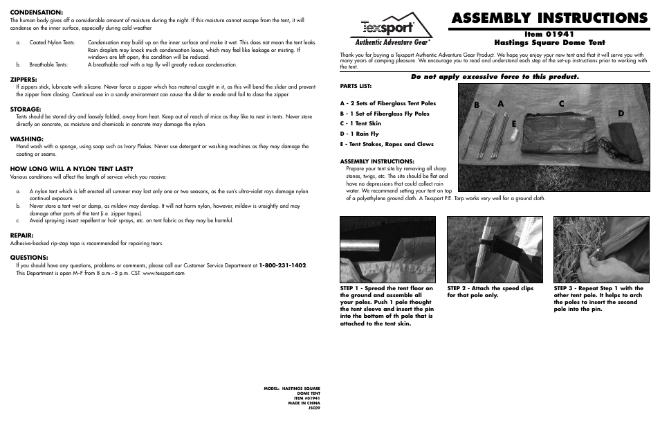 Texsport 01941 Hastings Tent User Manual | 2 pages