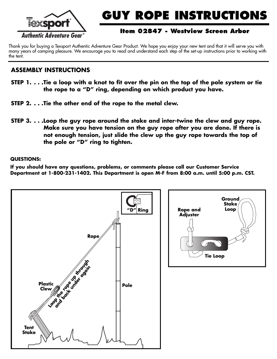 Guy rope instructions, Assembly instructions | Texsport 02847 Westview Screen Arbor User Manual | Page 3 / 3