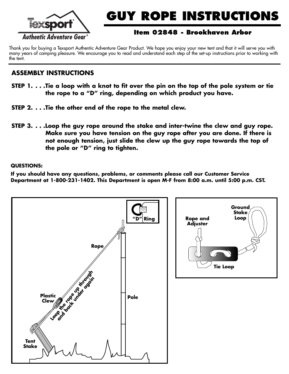 Guy rope instructions, Assembly instructions | Texsport 02848 Brookhaven Arbor User Manual | Page 3 / 3