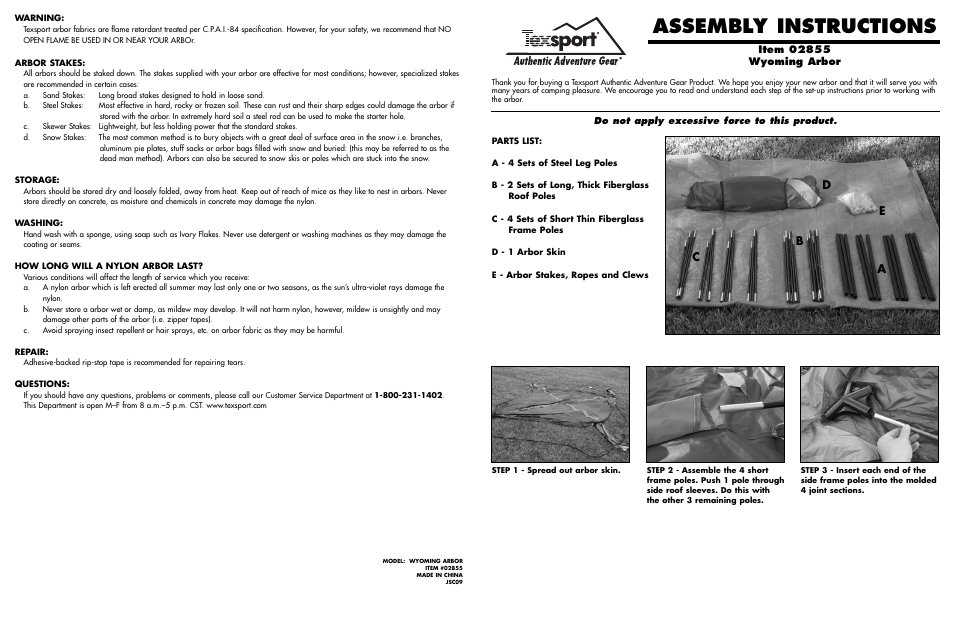 Texsport 02855 Wyoming Arbor User Manual | 2 pages