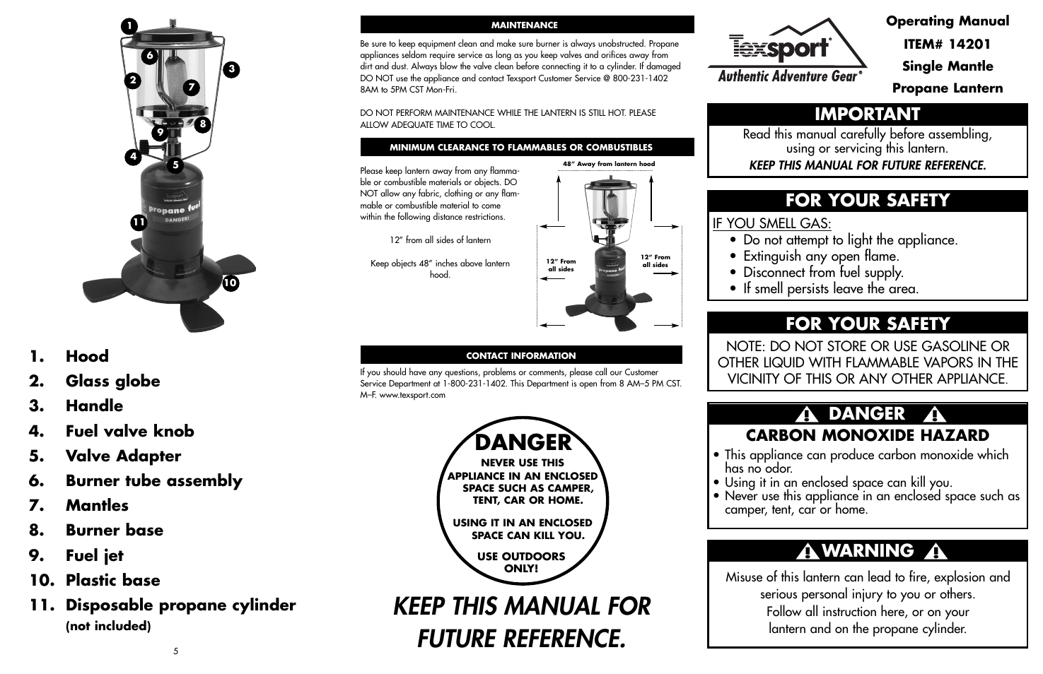 Keep this manual for future reference, Important, Danger | For your safety, Warning, Carbon monoxide hazard | Texsport 14201 Single Mantle Propane Lantern User Manual | Page 2 / 2