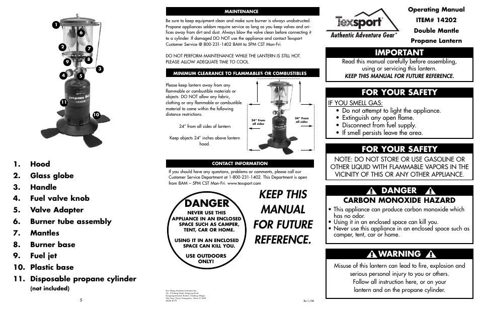 Keep this manual for future reference, Important, Danger | For your safety, Warning, Carbon monoxide hazard | Texsport 14202 Double Mantle Propane Lantern User Manual | Page 2 / 2