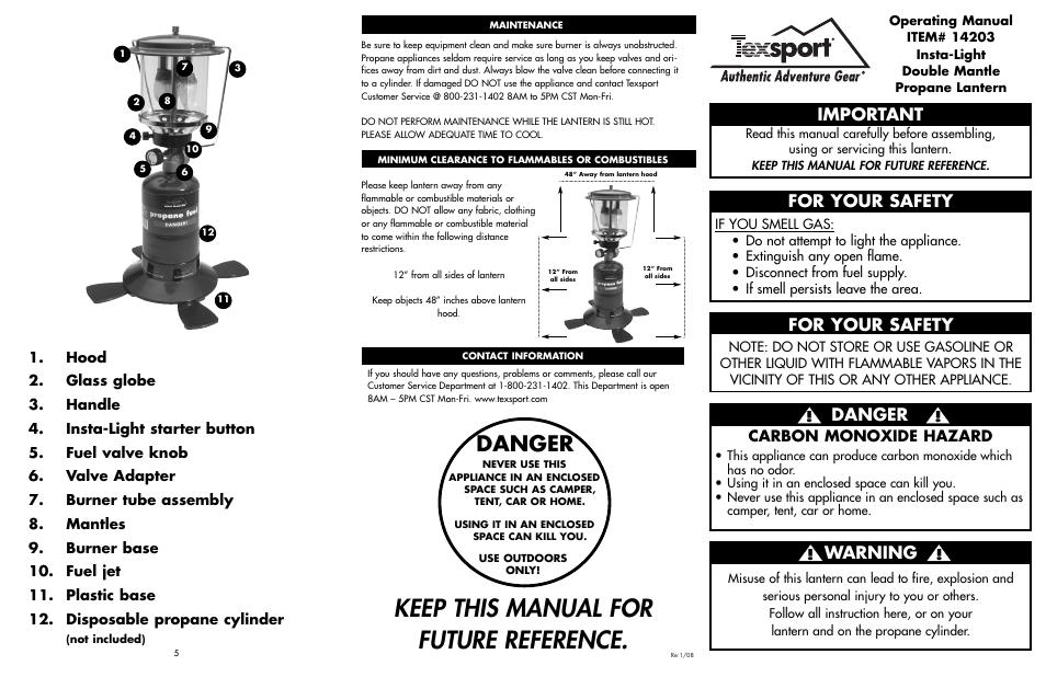 Keep this manual for future reference, Important, Danger | For your safety, Warning, Carbon monoxide hazard | Texsport 14203 Double Mantle Insta Lantern User Manual | Page 2 / 2