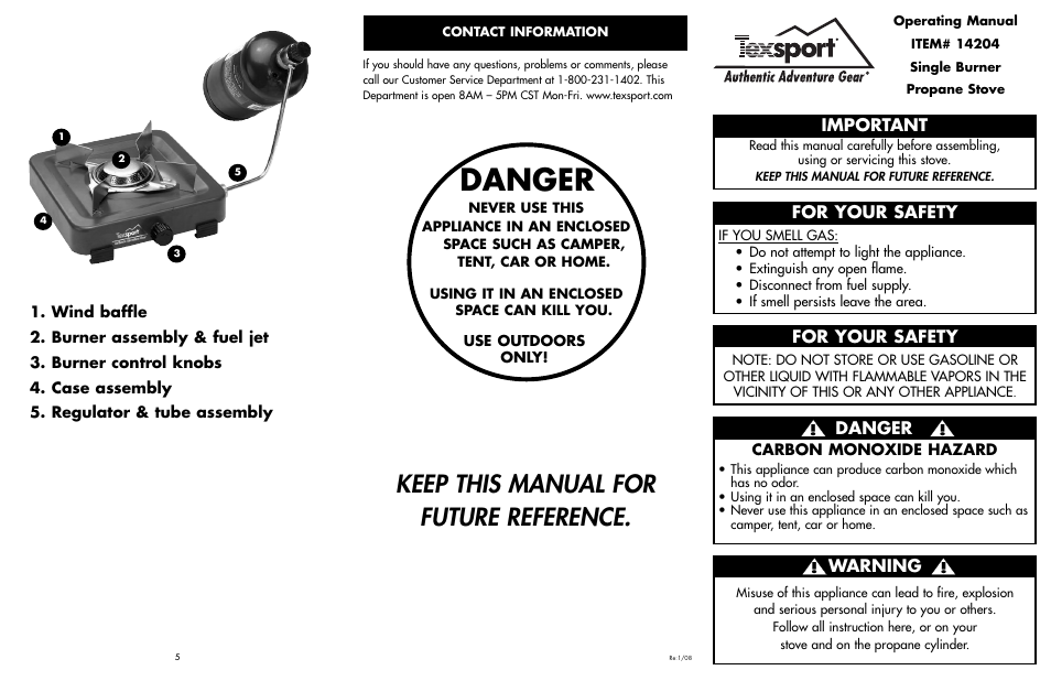Danger, Keep this manual for future reference, Important | For your safety, Warning | Texsport 14204 Single Burner Propane Stove User Manual | Page 2 / 2