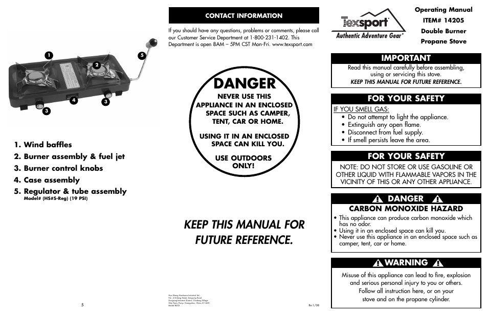 Danger, Keep this manual for future reference, Important | For your safety, Warning, Carbon monoxide hazard | Texsport 14205 Two Burner Propane Stove User Manual | Page 2 / 2