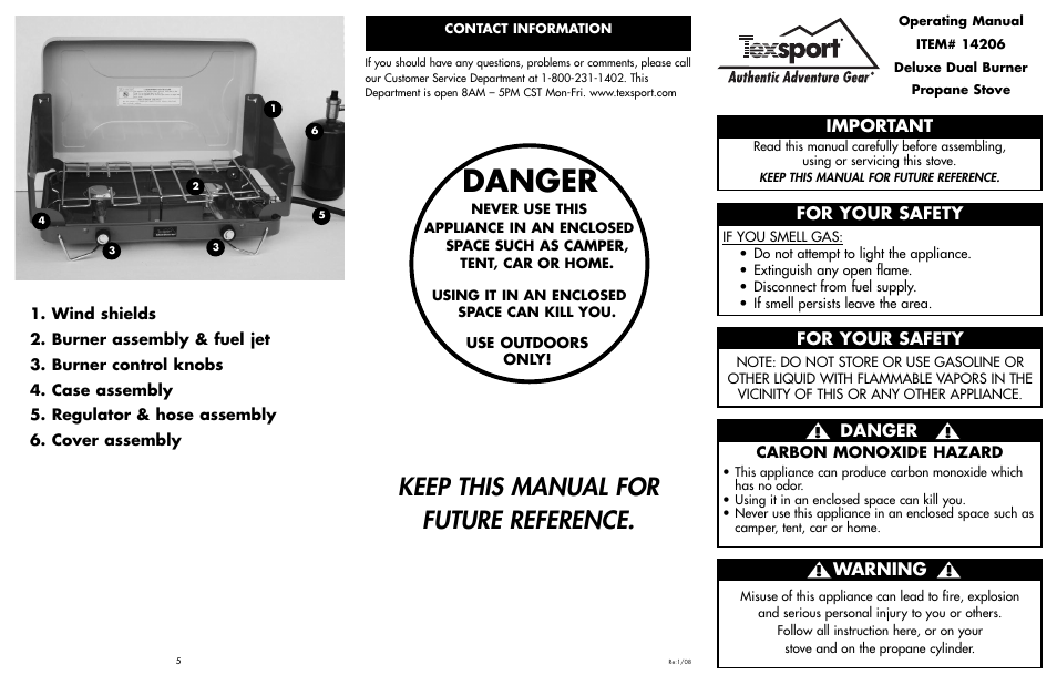 Danger, Keep this manual for future reference, Important | For your safety, Warning | Texsport 14206 Dexule Dual BurnerPropane Stove User Manual | Page 2 / 2