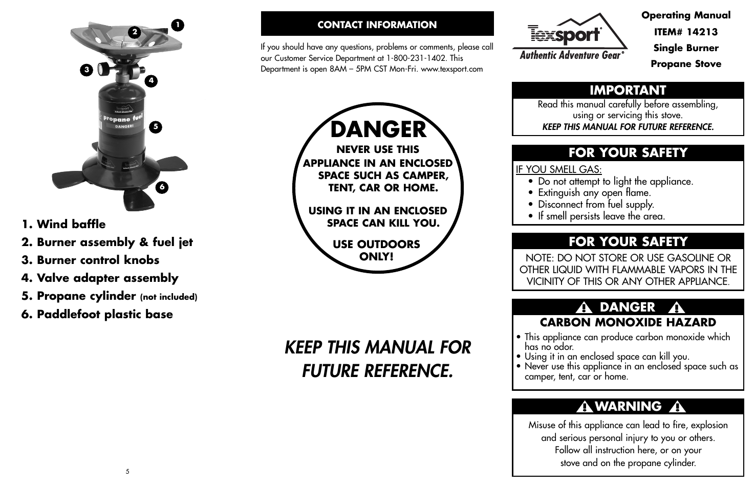 Danger, Keep this manual for future reference, Important | For your safety, Warning | Texsport 14213 Single Burner Propane Stove User Manual | Page 2 / 2